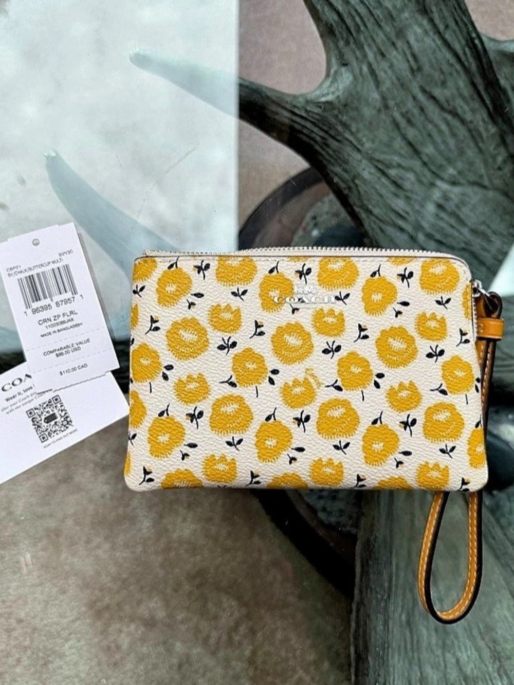 Coach Corner Zip Wristlet In Buttercup Floral Print Yellow & White